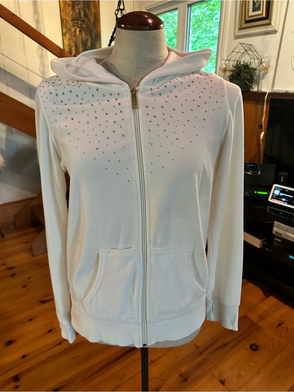 Calvin Klein White Studded velvet Zip-Front Hoodie Jacket